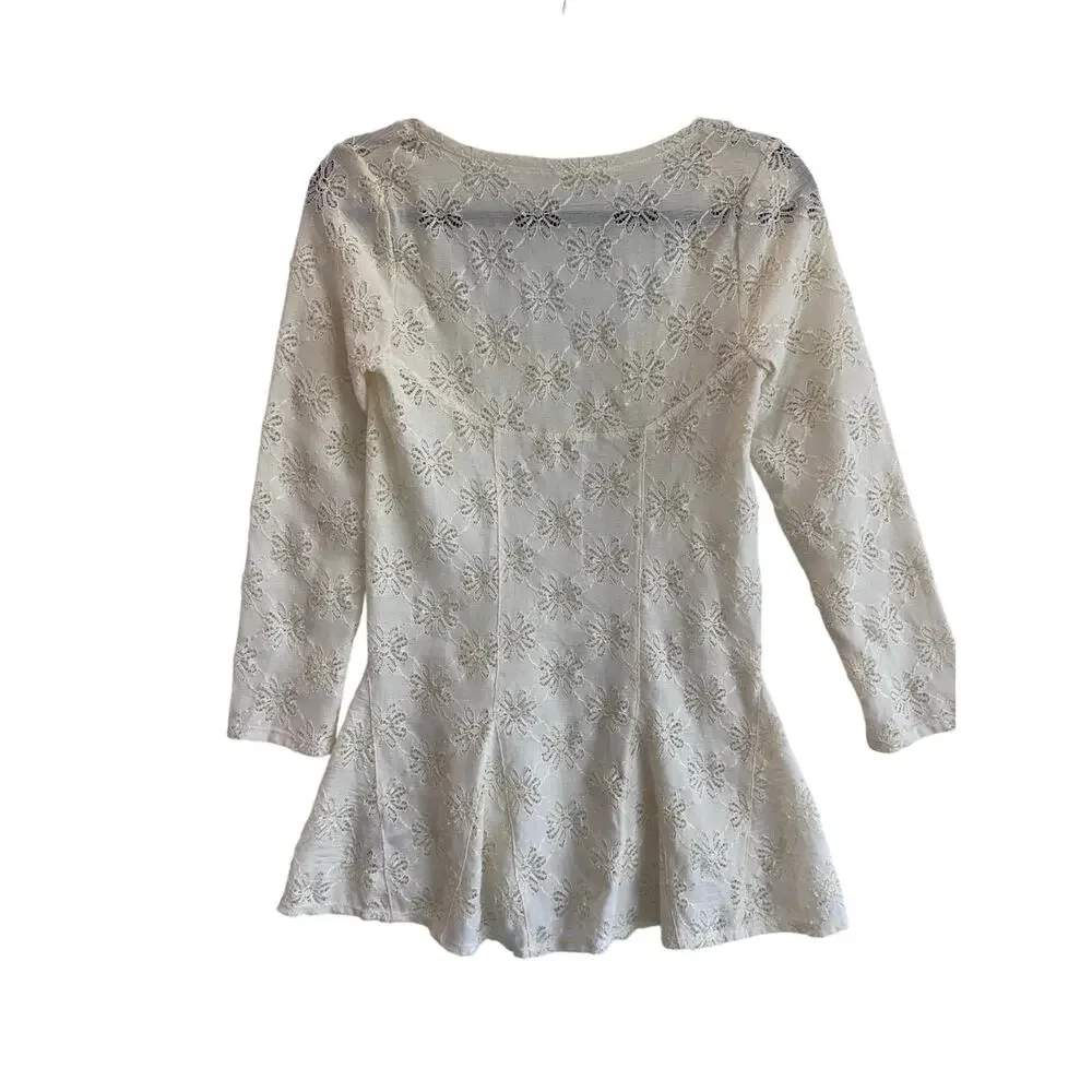 Free People Ivory Lace Tunic Top Medium Floral Sheer Long Sleeve Boho Festival